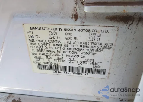 2008 Nissan Altima 2.5 S z USA, uszkodzony, nr VIN 1N4AL21E98N490623